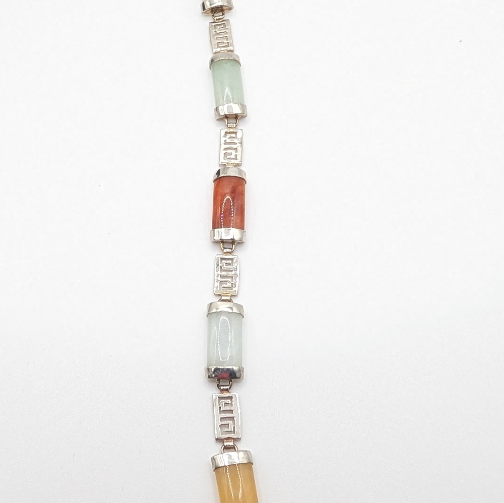 Vintage Chinese 925 Sterling Silver Muti-Color Jade & Chinese GOOD luck Bracelet - Picture 11 of 15